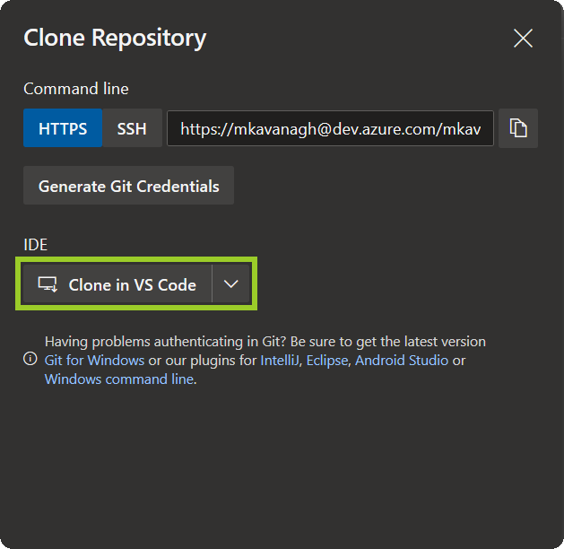 The AzDevOps 'Clone Repository' pane, with the 'IDE' dropdown set to 'Clone in VS Code'