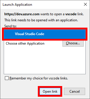 The 'Send to' option set to 'Visual Studio Code' in the 'Launch Application' window