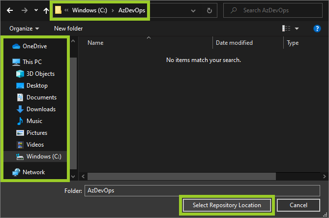 The 'VSC file explorer' set to clone the example repo into the folder 'C:\Windows\AzDevOp's