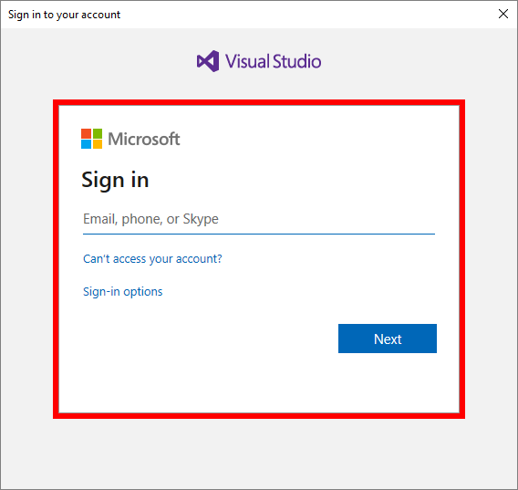 The Visual Studio sign in page