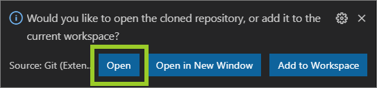 A prompt in VSC to open a cloned repository or add it to the current VSC workspace