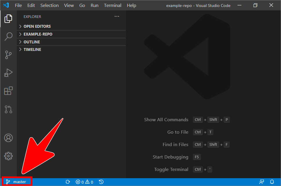 Example repo folder open in VSC, and the branch icon in the VSC status bar indicates that VSC is currently switched to the branch named 'master'