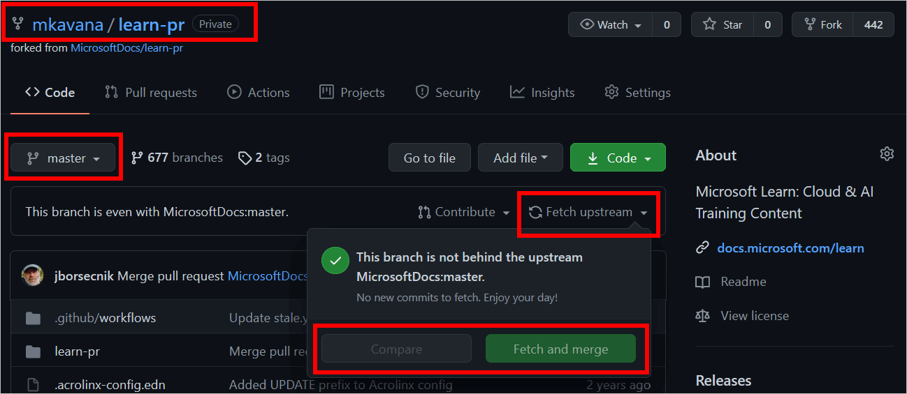 Example GitHub fork set to the master branch. Fetch upstream is selected, and options to Compare or Fetch and merge are available