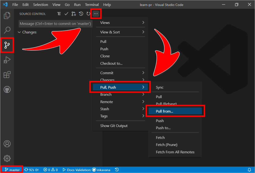 VSC user selections: Source Control, View and More Actions, Pull, Push, and Pull from…