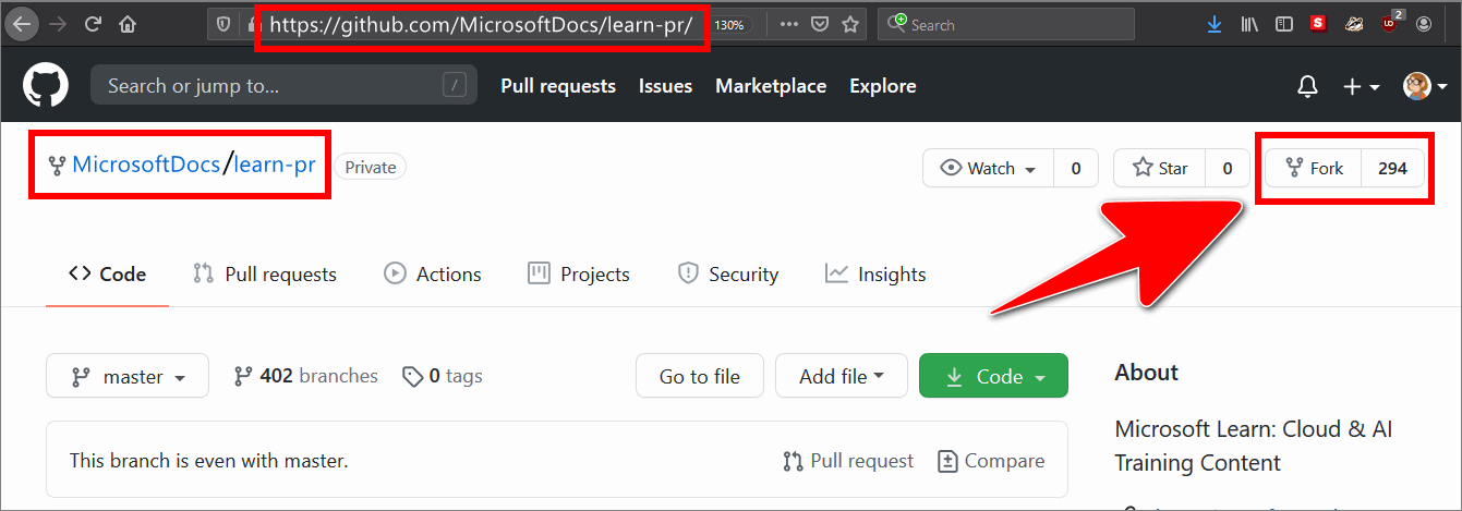 The GitHub repo 'MicrosoftDocs/learn-pr' with the 'fork' button selected