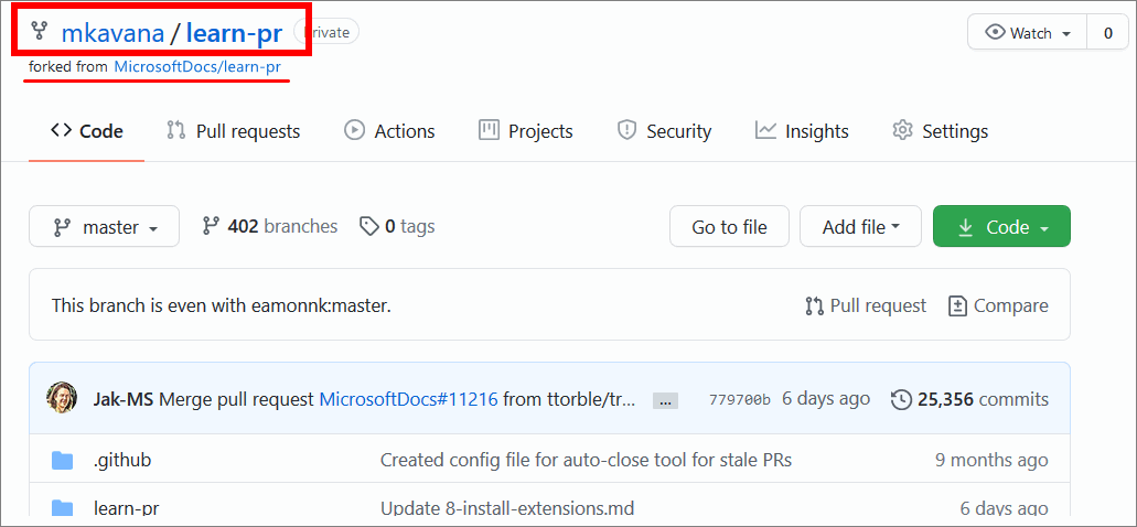 A GitHub user's webpage with a fork of the GitHub repo 'MicrosoftDocs/learn-pr'