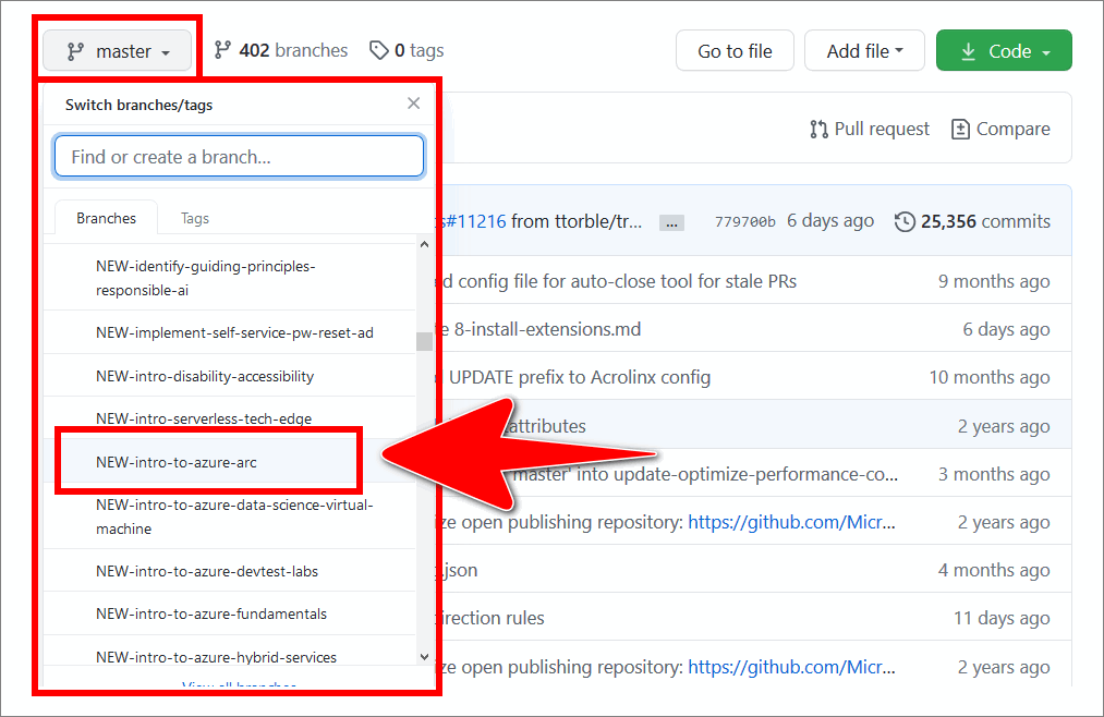 The dropdown menu on GitHub for switching between branches