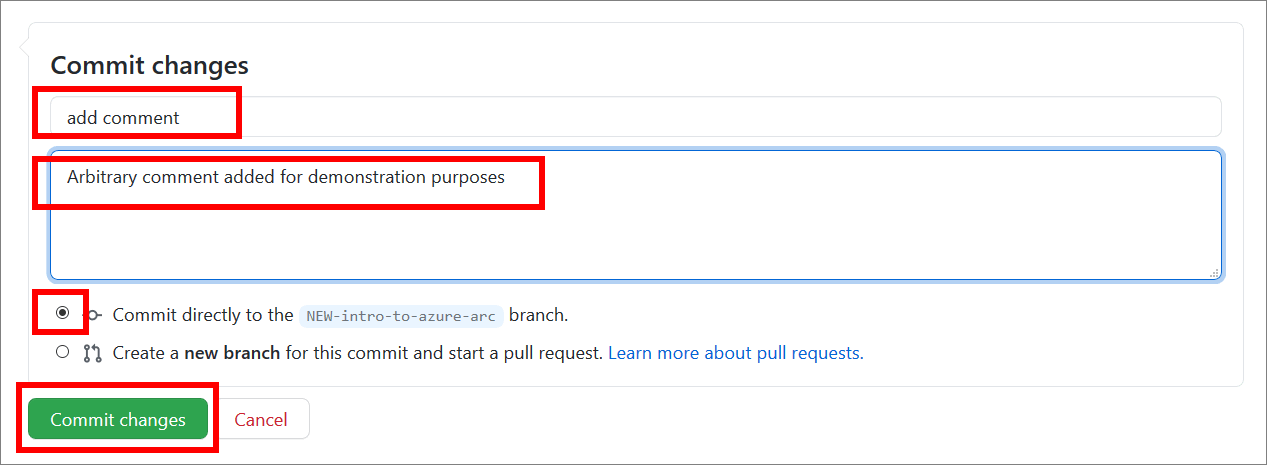 The 'Commit changes' section on GitHub complete with example information