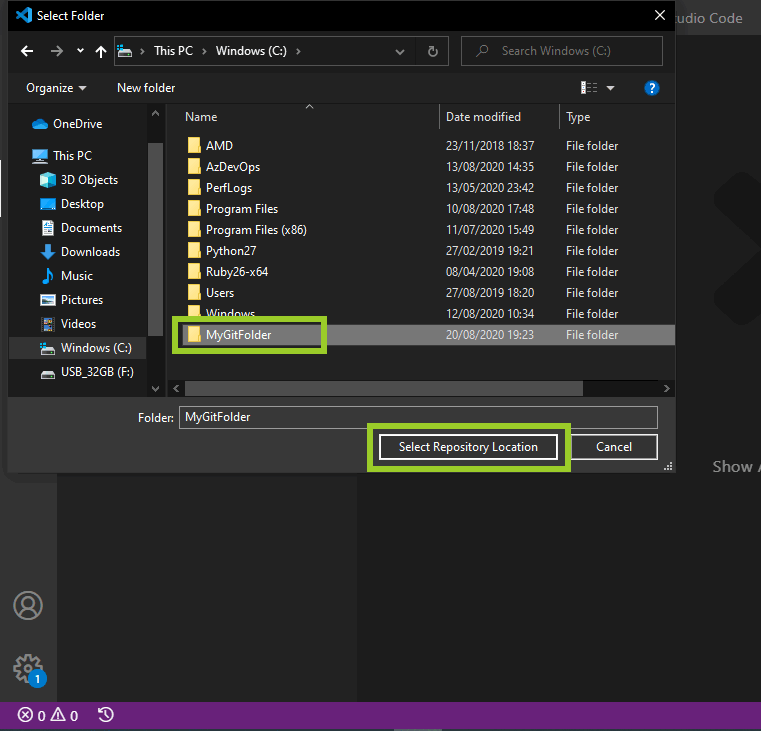 The 'Select folder' pane in VSC for choosing where to clone a GitHub repo on a computer