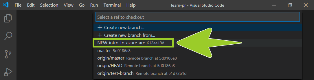 The 'Select a ref to checkout' pane in VSC for switching branches