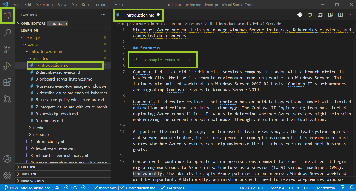 An example markdown file is selected in 'VSC Explorer' with the file's contents in a 'VSC Editor tab'