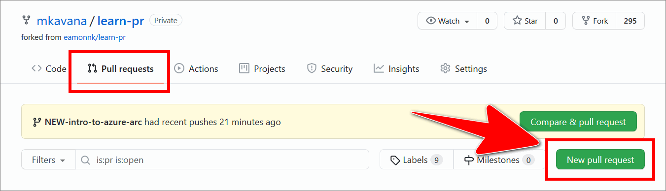 The GitHub 'New pull request' button