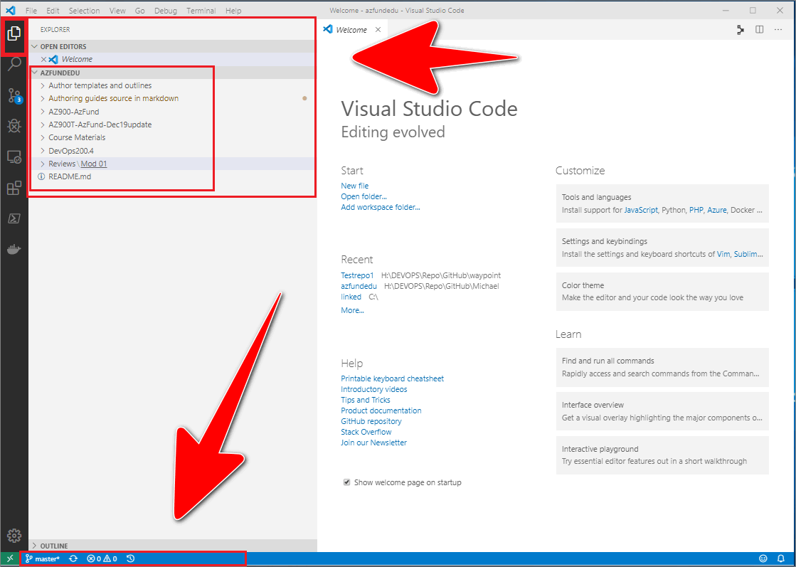 Example repo folder structure in VSC explorer window and VSC status bar