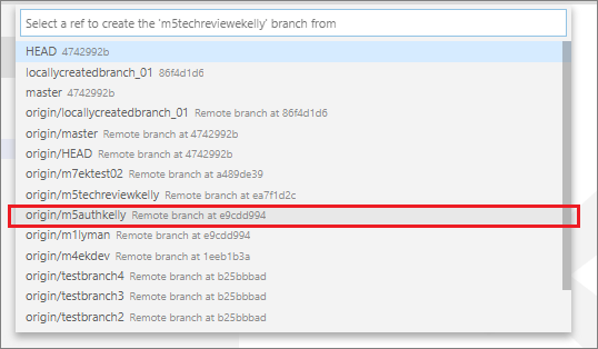 Example base branch selected from VSC Command Palette