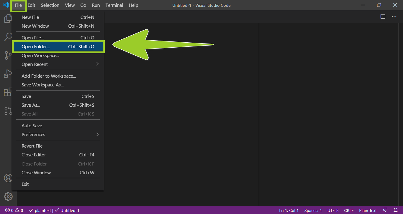 'Open folder' top menu option in VSC