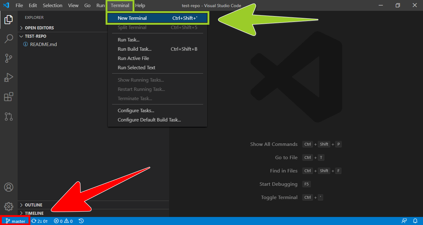 'New Terminal' top menu option in VSC