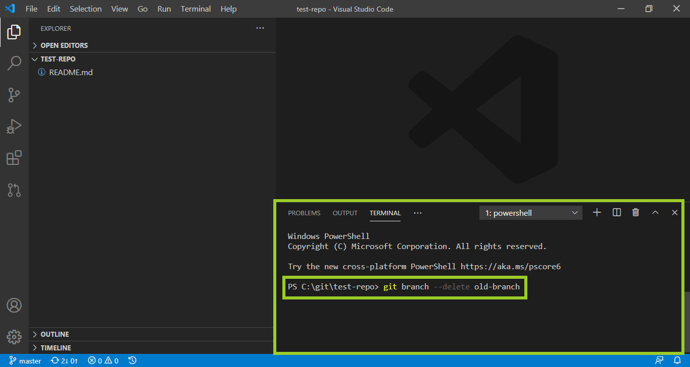 'Git delete branch' command in the 'VSC Terminal'