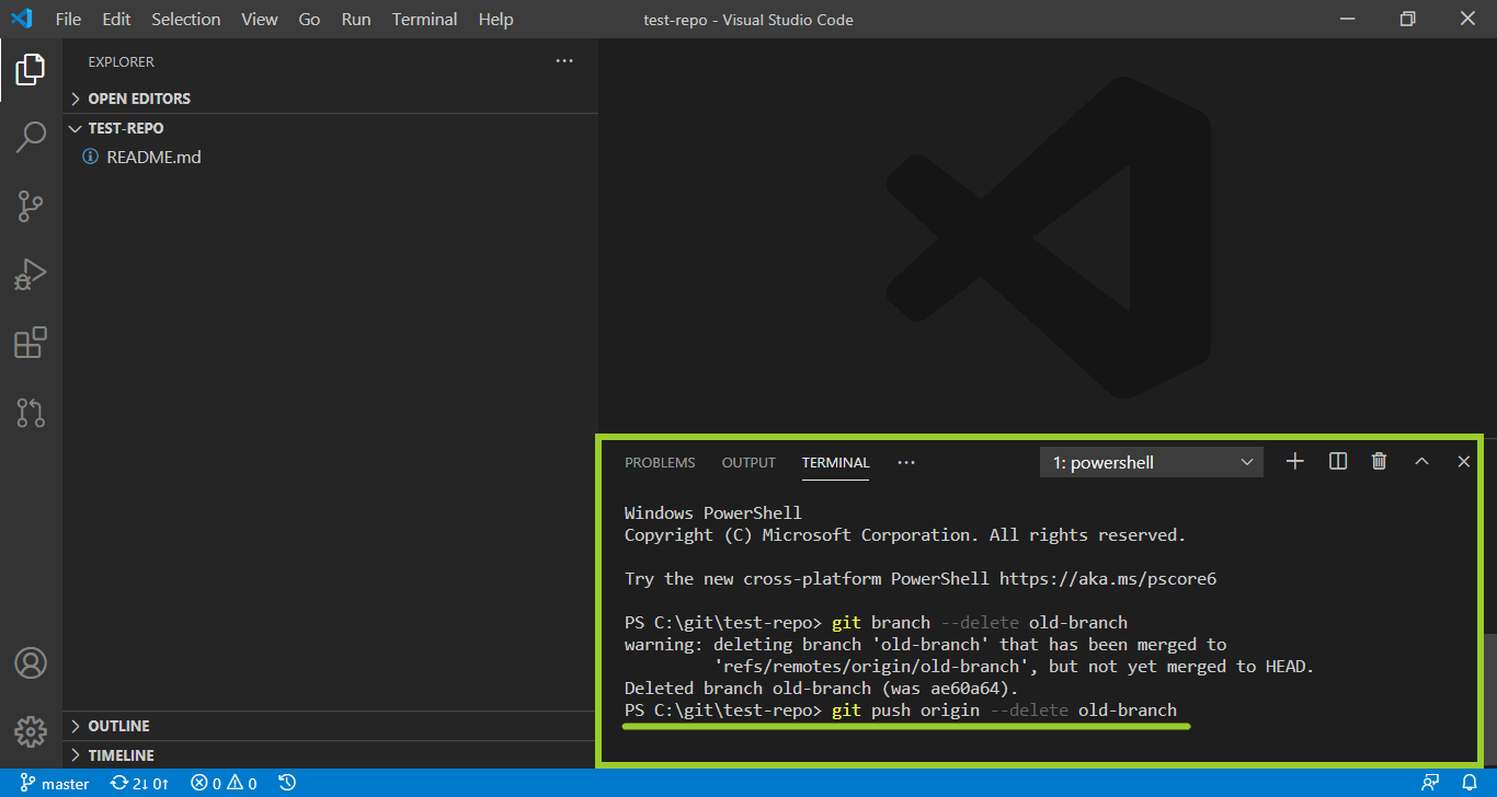 'Git push delete branch' command in the 'VSC Terminal'