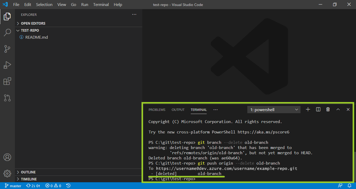 'Git push delete remote branch' confirmation message the 'VSC Terminal'