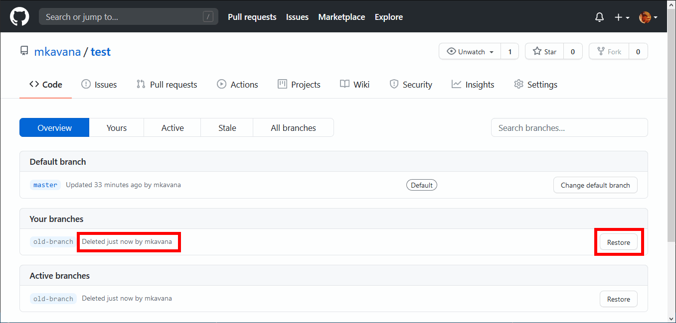 'Deleted just now' message and 'Restore' button beside the deleted branch on GitHub