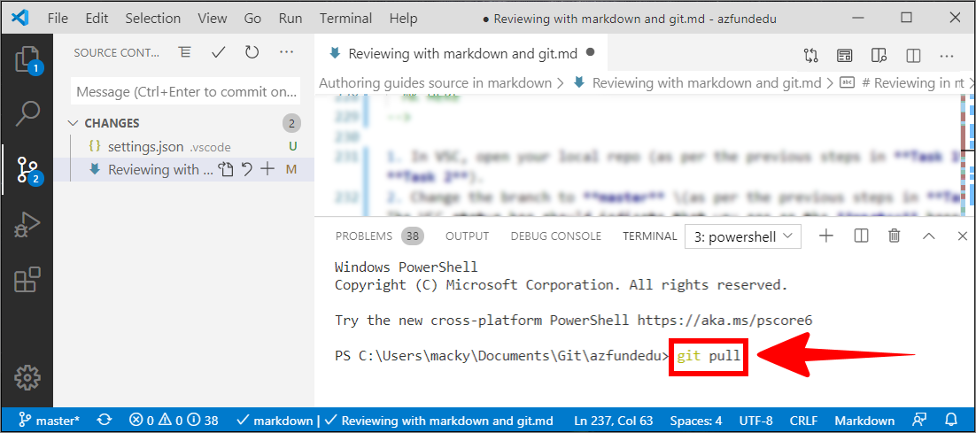 Git pull command running in a VSC terminal