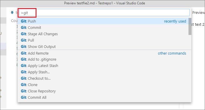 VSC command pallette with Git commands displayed