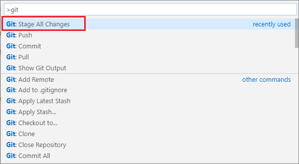 VSC command pallette with Git 'stage all changes' command highlighted