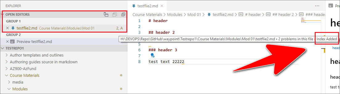 VSC command pallette with 'index added' prompt highlighted