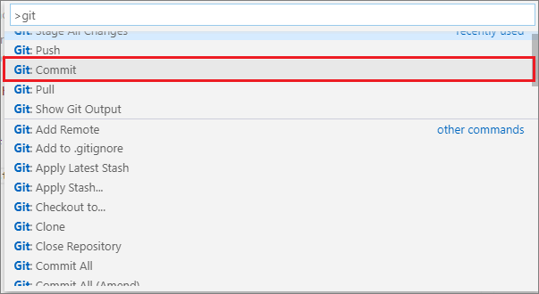 VSC command pallet with 'git commit' command highlighted