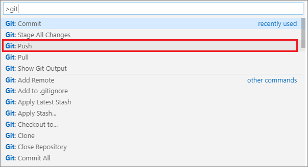 VSC command pallet 'git push' command highlighted