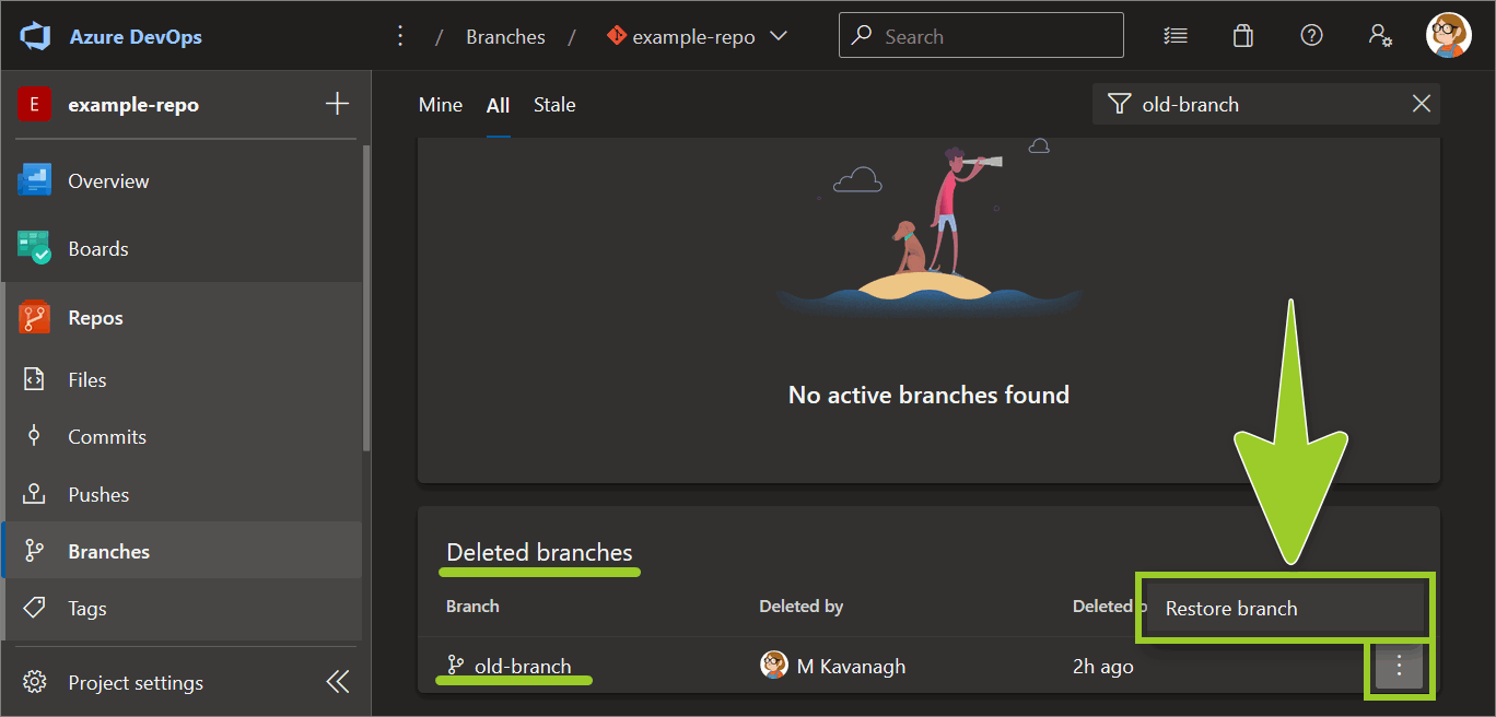 Example AzDevOps repo project with the 'Restore branch' option selected