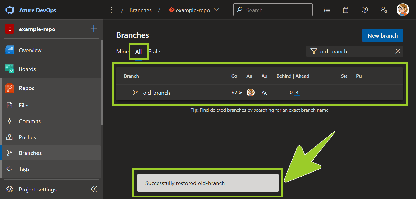 Example AzDevOps repo project with the 'Successfully restored branch...' message