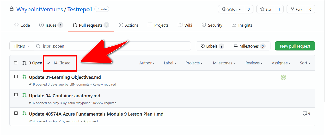 'Closed pull requests' button on gitHub