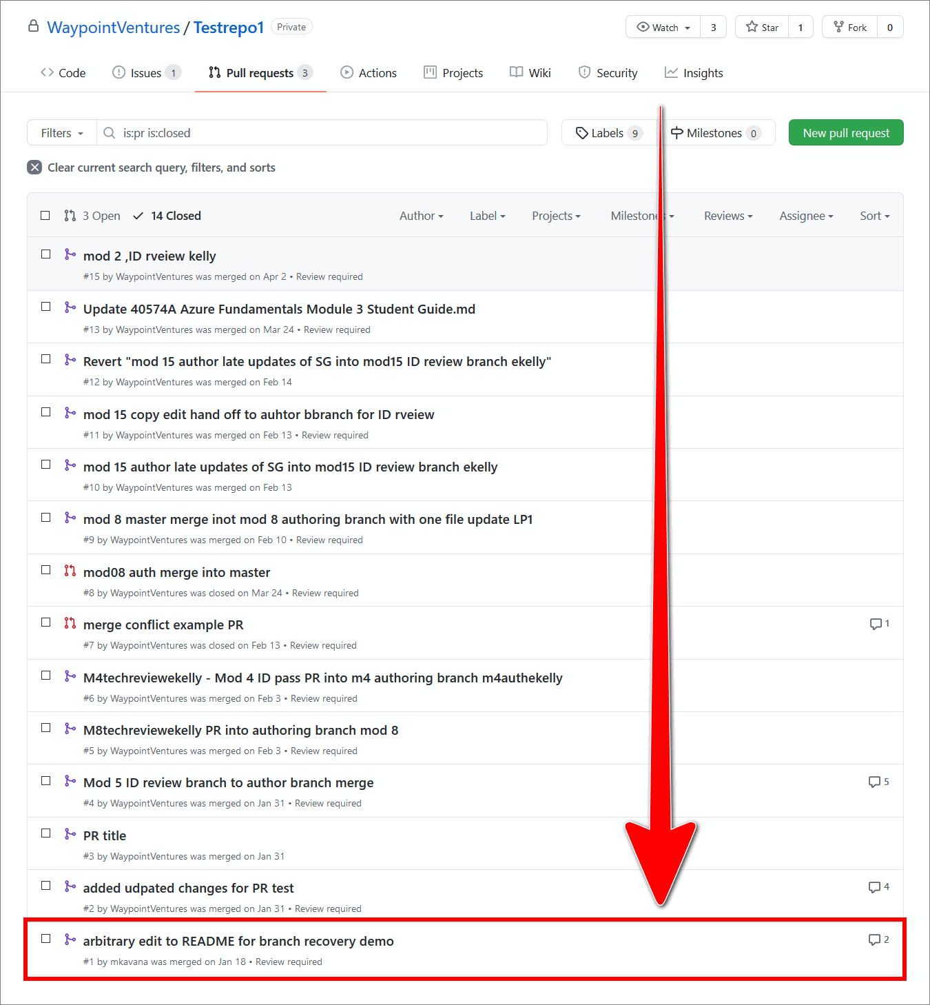 Example closed pull request on GitHub