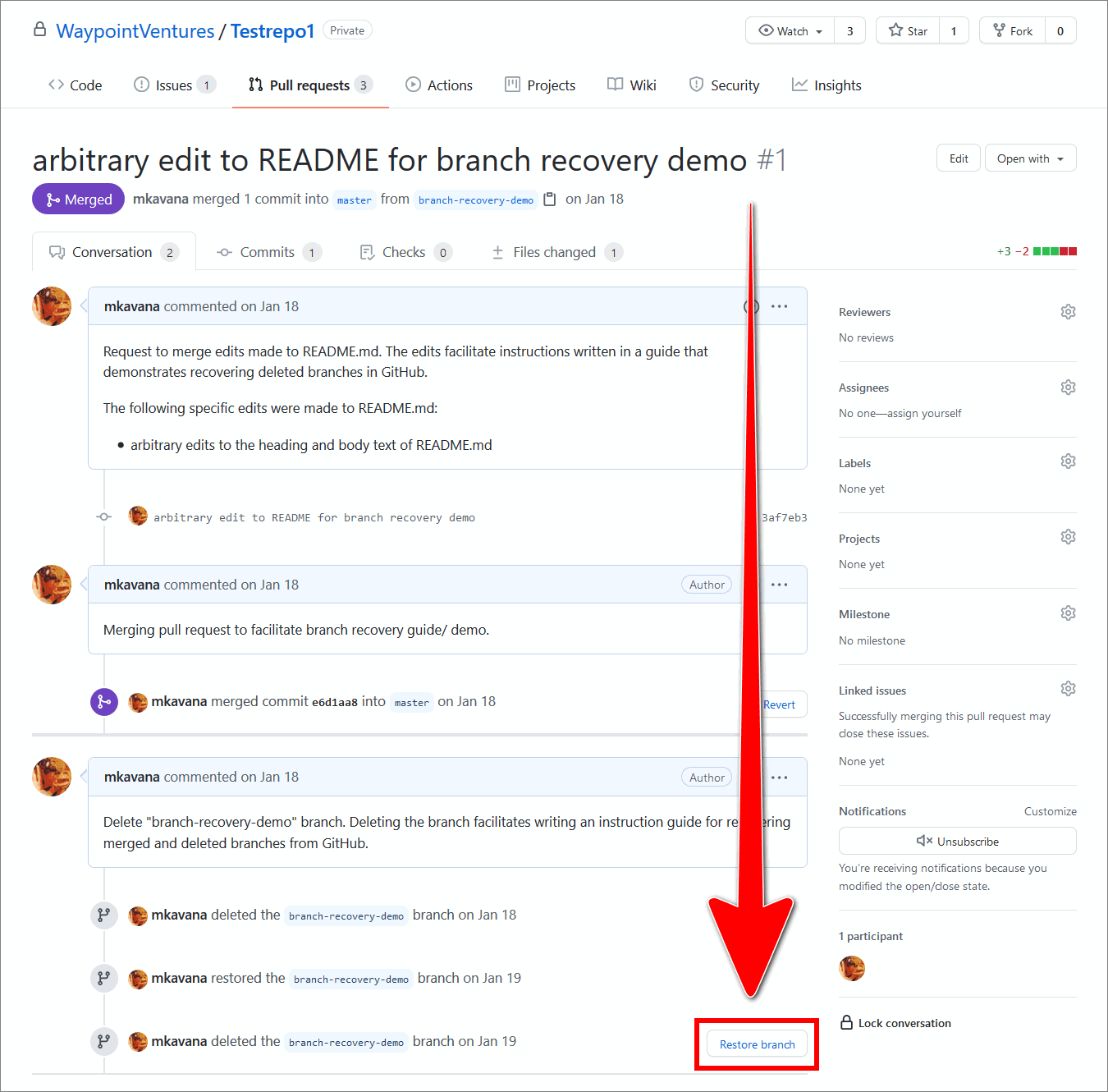 'Restore branch' button on GitHub