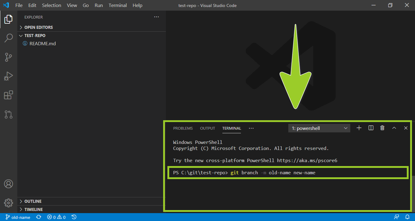 'Git branch rename' command in the 'VSC Terminal'