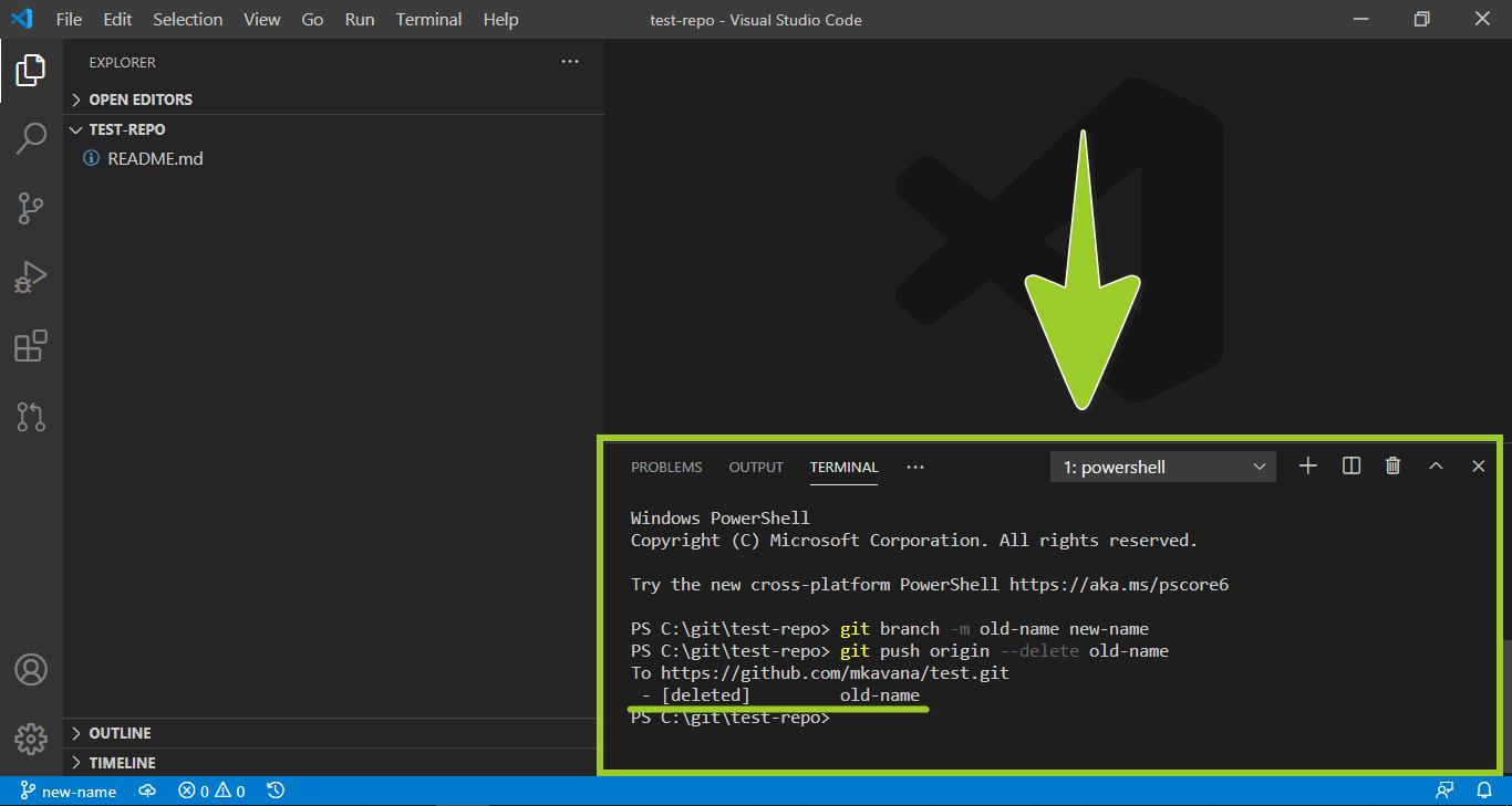 'Git delete branch' confirmation message the 'VSC Terminal'