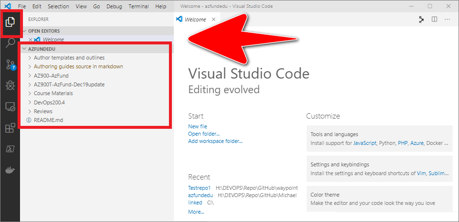 Example repo folder structure in VSC explorer and VSC status bar