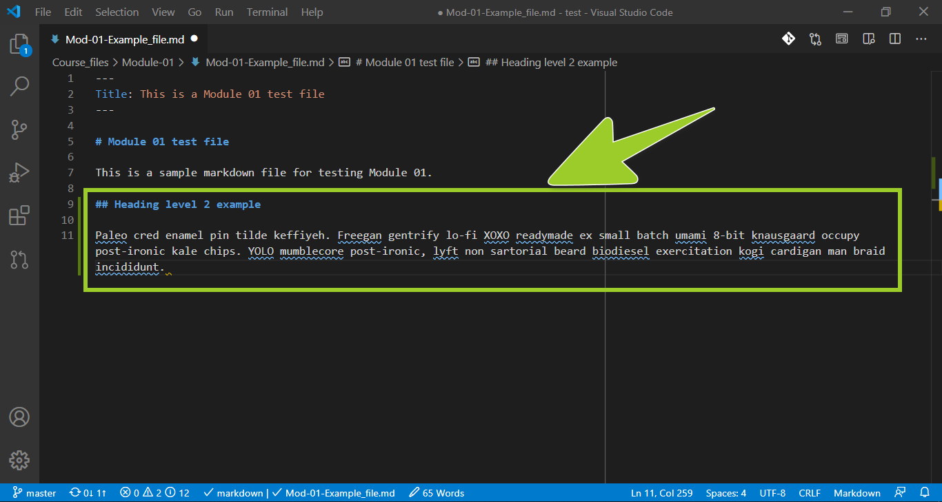 Example content added into a markdown file in a VSC editor tab