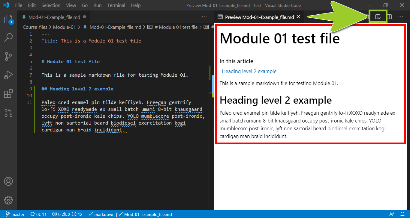 VSC 'Open Preview to the Side icon' and example markdown file in a VSC preview tab