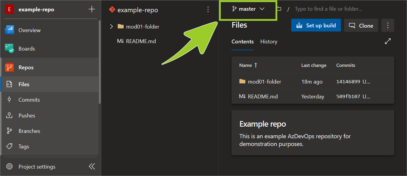 Example AzDevOps repo with the 'branch dropdown' set to the 'master' branch