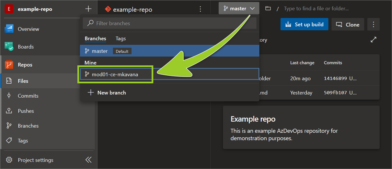 Example AzDevOps repo with the 'branch dropdown' set to the branch 'mod01-ce-mkavana'