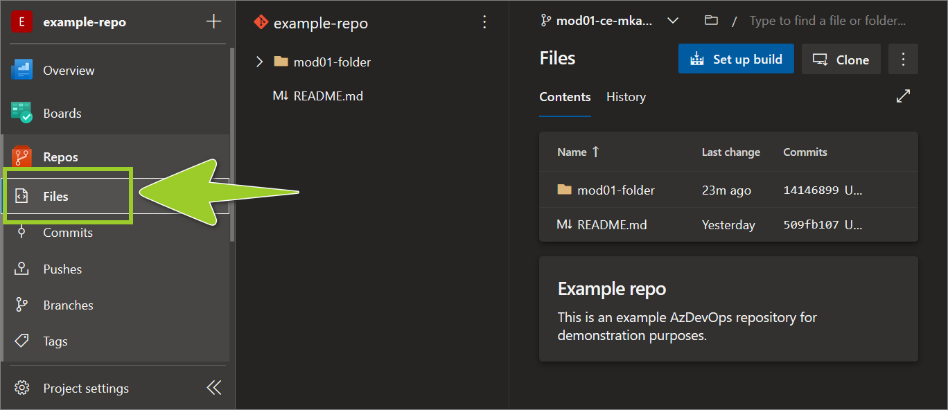 Example AzDevOps repo 'Files' selected from the left sidebar menu