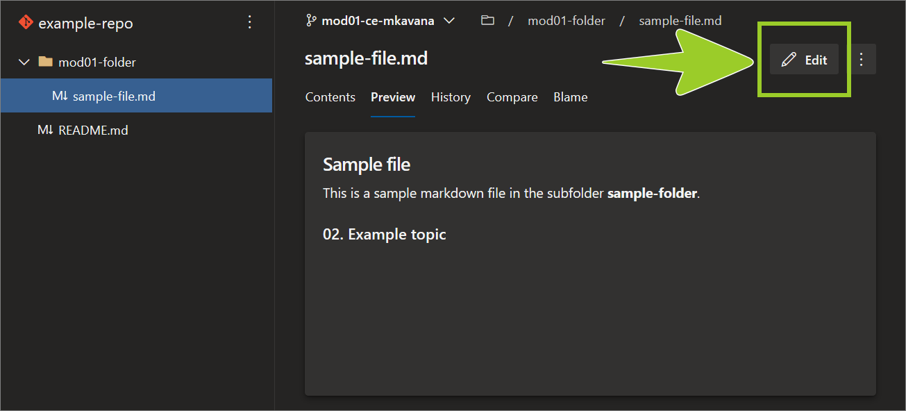 'Edit' icon on AzDevOps to select an example markdown file for editing