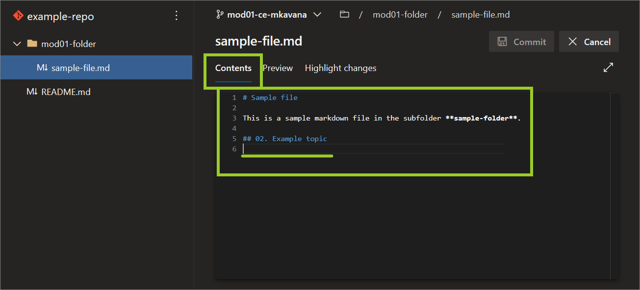 'Contents' tab on AzDevOps with part of an example markdown file selected for editing