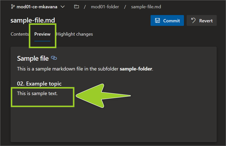 'Preview' tab in the AzDevOps editor with text added into the example markdown file