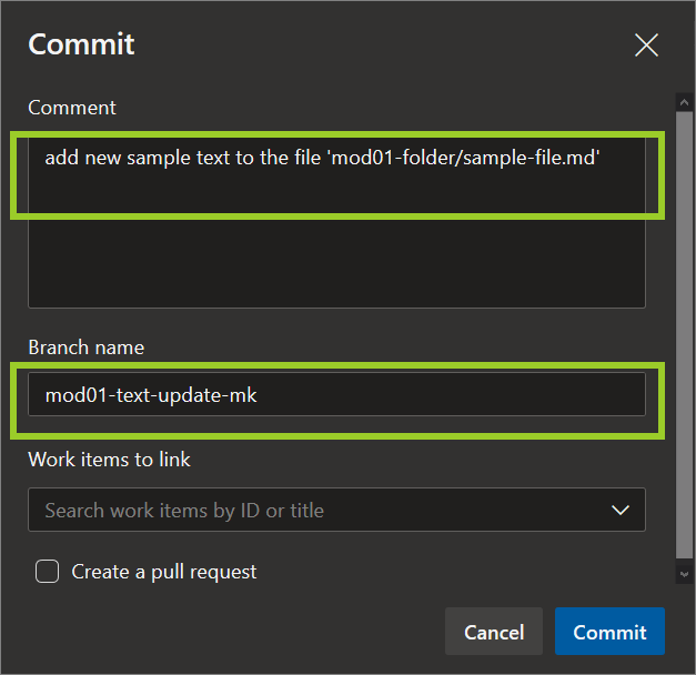 'Commit' pane in the AzDevOps editor with a description changes applied to the example markdown file on a new branch