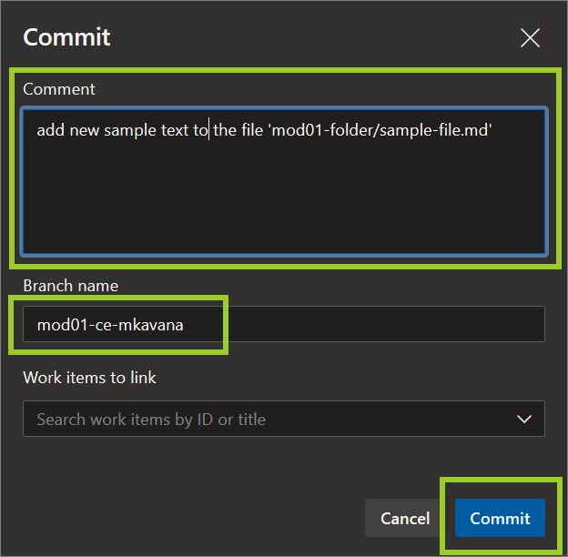 'Commit' pane in the AzDevOps editor with a description changes applied to the example markdown file on the current branch