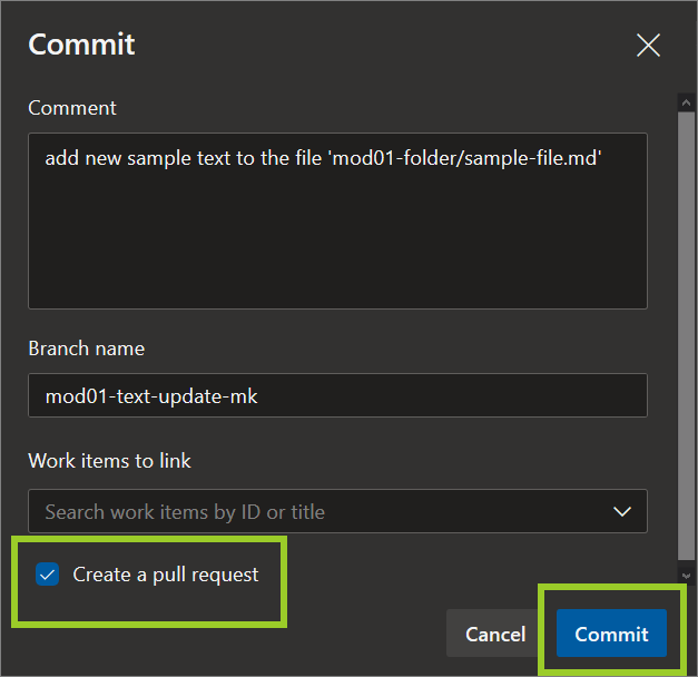 'Create a pull request' checkbox option selected in the AzDevOps editor