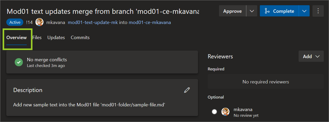 The 'Overview' pane with details of an example pull request pane on AzDevOps